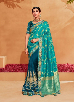 Blue Silk Embroidered Wedding-Wear Saree