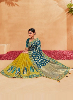Sea Blue & Yellow Silk Embroidered Wedding-Wear Saree