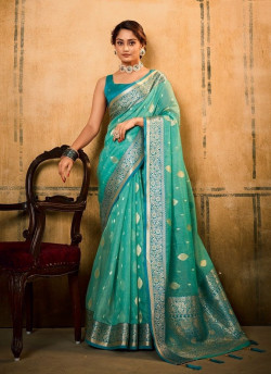 Aqua Banarasi Tissue Weaving Festive-Wear Silk Saree