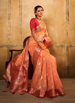 Cantaloupe Orange Banarasi Tissue Weaving Festive-Wear Silk Saree