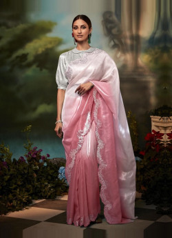 Vibrant Pink Organza Silk Party-Wear Saree With Stone-Work
