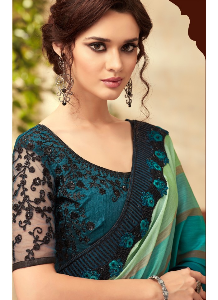 Teal Blue Luxury Silk Embroidery Saree @Indian Couture