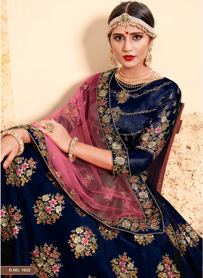 Navya Blue Satin Bridal Lehenga Choli @Indian Couture