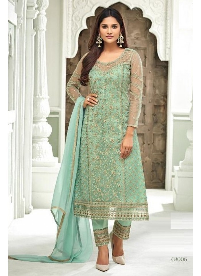 Sky Blue Net Salwar Suit @Indian Couture