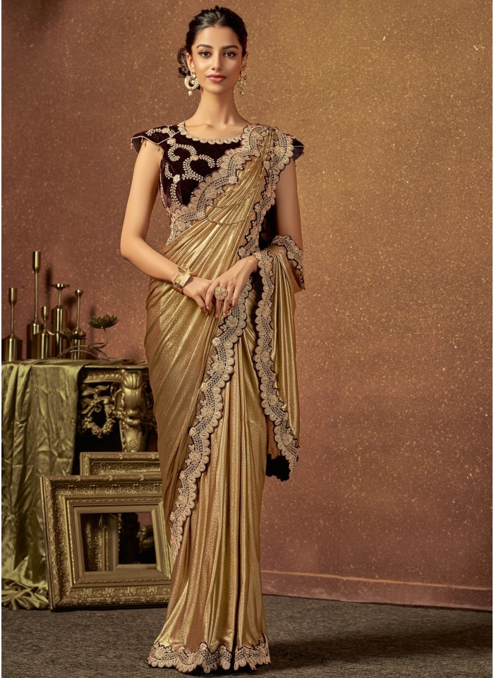 Gold Shimmer Lycra ReadyToWear Saree Indian Couture