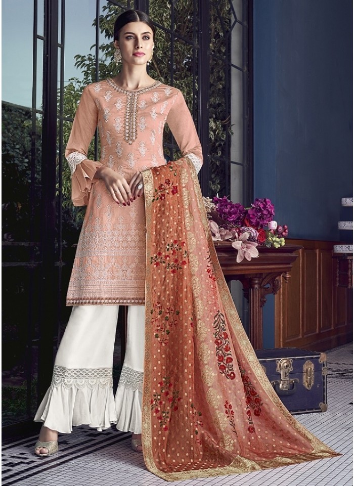 Light Salmon Lakhnavi Embroidery On Silk With Inner Salwar Suit Indian Couture