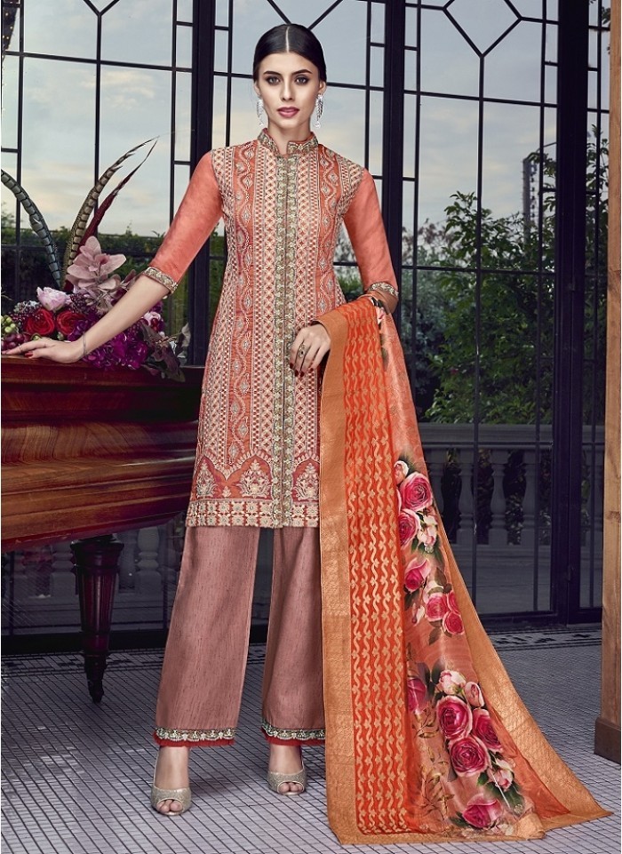 Peach Lakhnavi Embroidery On Silk With Inner Salwar Suit Indian Couture