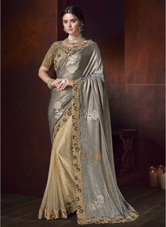 Gold China Fabric With Heavy Crystal Work Wedding Saree
