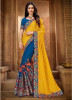 Dark Royal Blue & Yellow Vichitra Silk Embroidery Saree