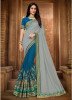 Dark Sky Blue & Gray Vichitra Silk Embroidery Saree