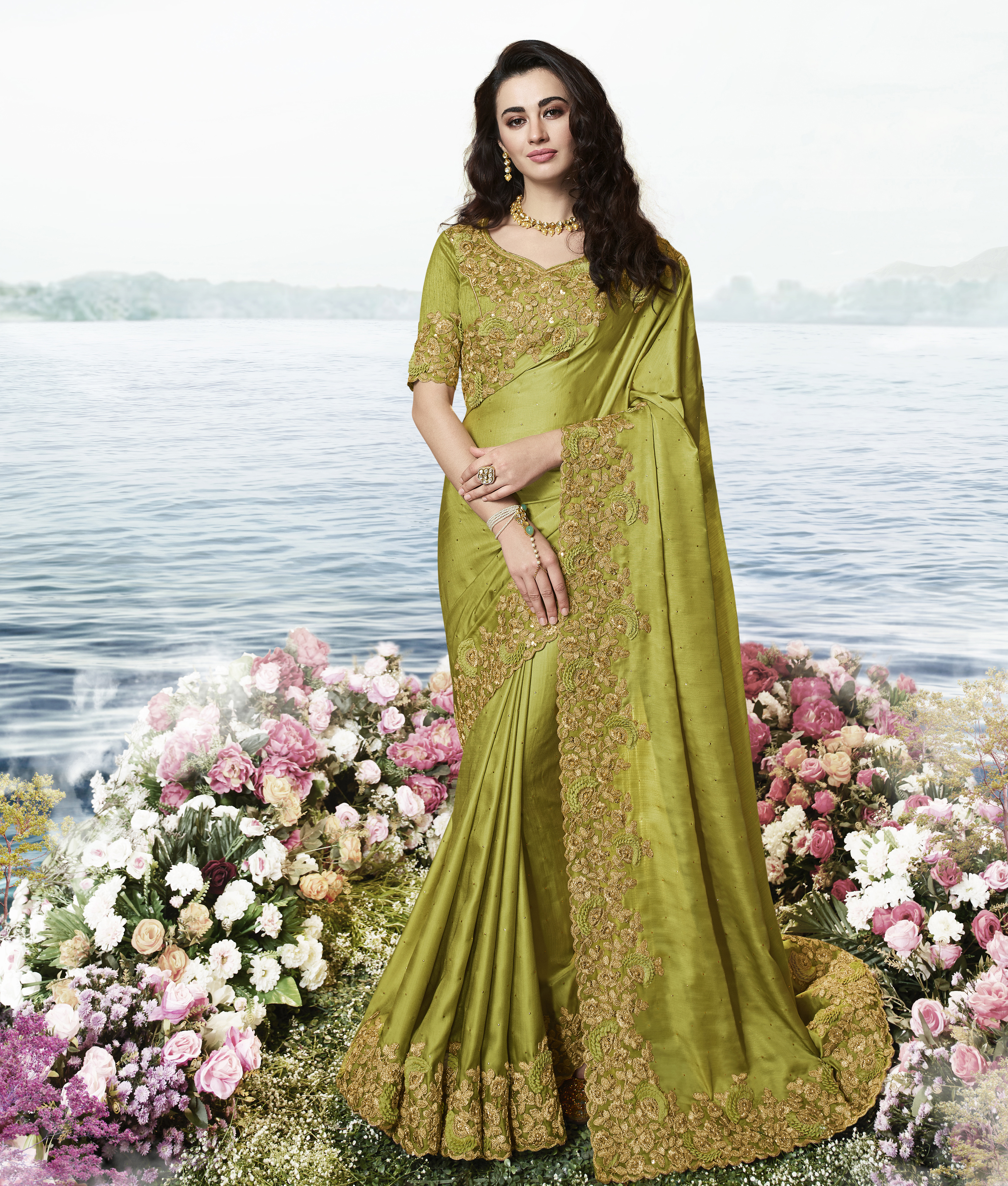 Lime Green Satin Silk Saree Indian Couture 