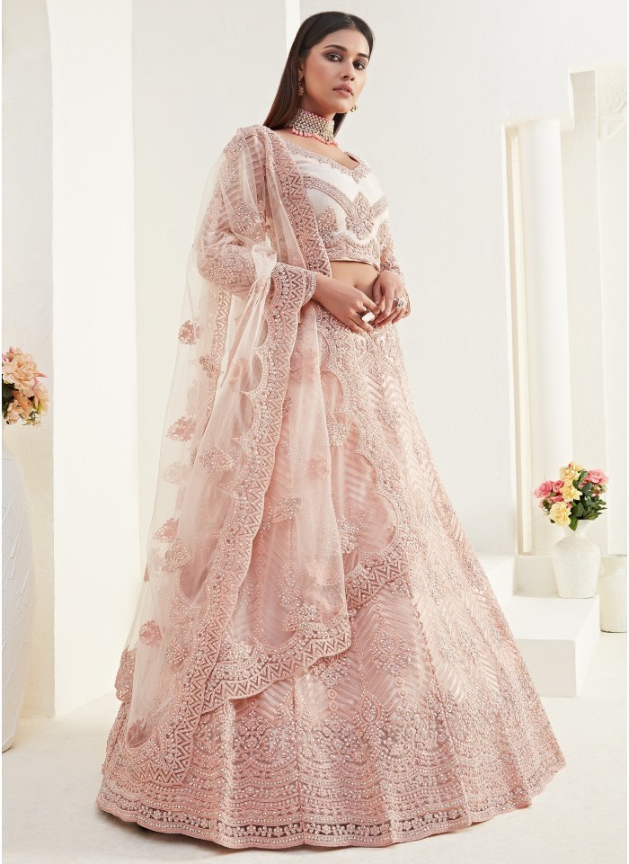 Light Salmon Net With Silk Satin Wedding Lehenga Choli @Indian Couture