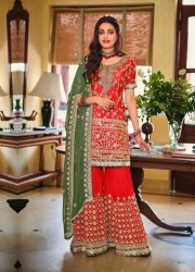 RED GEORGETTE WITH EMBROIDERY & FANCY LACE WORK PALAZZO-BOTTOM SALWAR KAMEEZ