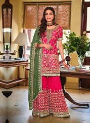 CRIMSON RED GEORGETTE WITH EMBROIDERY & FANCY LACE WORK PALAZZO-BOTTOM SALWAR KAMEEZ