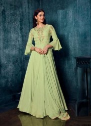 LIGHT GREEN SATIN RESHAM WORK EMBROIDERY PARTY-WEAR FLOOR-LENGTH READYMADE GOWN