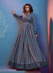 STEEL BLUE CRAPE, SEQUINS, EMBROIDERED & DIGITAL PRINTED PARTY-WEAR FLOOR-LENGTH GOWN (WITH BELT)