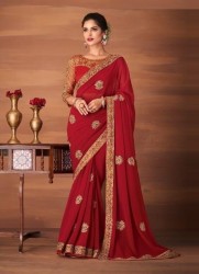 RED GEORGETTE EMBROIDERED PARTY-WEAR FASHIONABLE SAREE