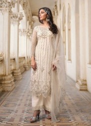 WHITE NET EMBROIDERED PARTY-WEAR PANT-BOTTOM SALWAR KAMEEZ