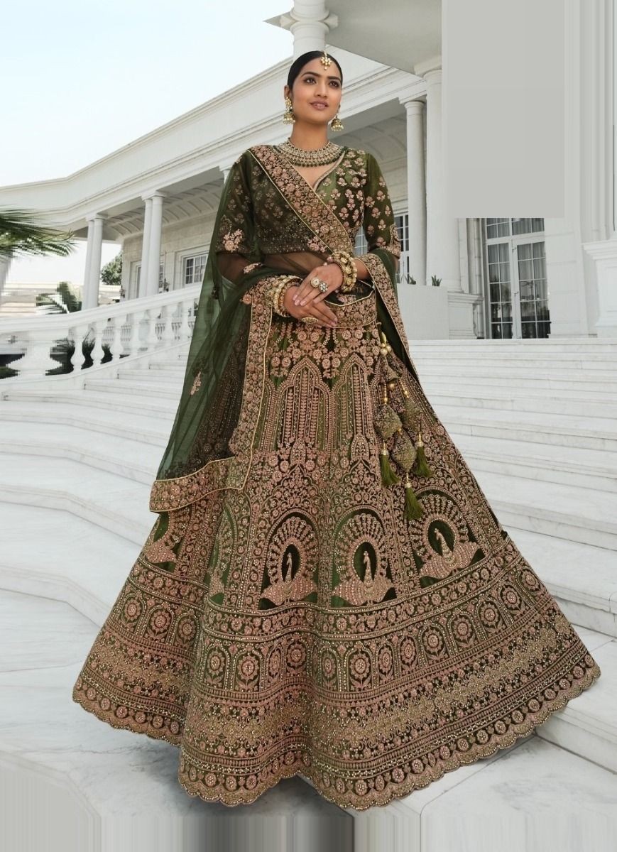 Olive Green Lehenga Set With Mirror Work Design by Seema Gujral at Pernia's  Pop Up Shop 2024