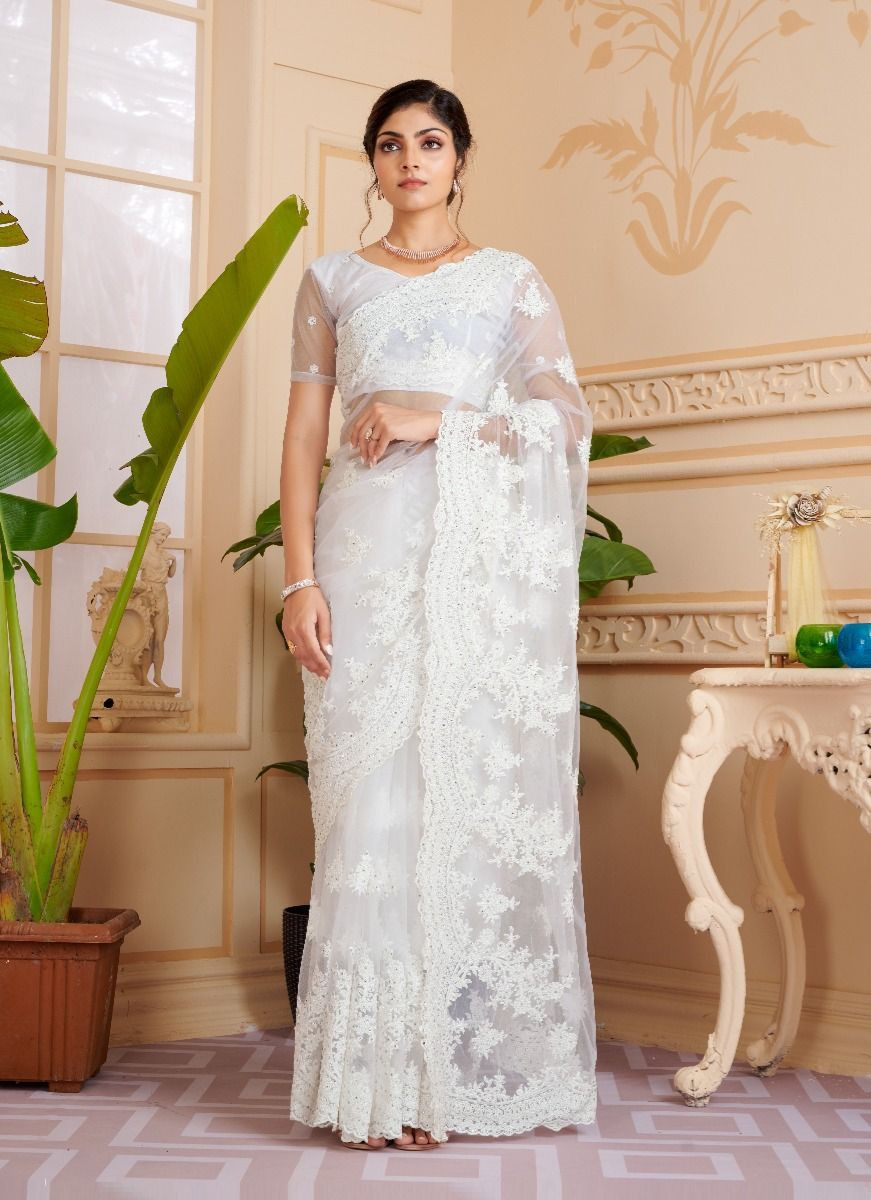 White Resham Embroidery And Stone Saree In Georgette in Georgette in 2024 |  Party wear sarees, Saree, Party sarees