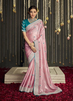 PINK ORGANZA SILK EMBROIDERED PARTY-WEAR SAREE [KAJAL AGGARWAL COLLECTION]