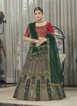 GREEN GEORGETTE THREAD, EMBROIDERY & SEQUINS-WORK PARTY-WEAR STYLISH LEHENGA CHOLI