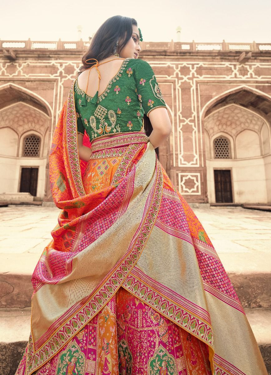 Orange and Magenta Silk Banarsi Lehenga Choli With Zari Woven Work