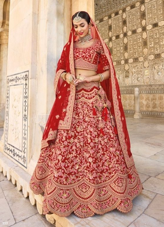 RED SILK EMBROIDERY & HANDWORK WEDDING-WEAR BRIDAL LEHENGA CHOLI @Indian  Couture