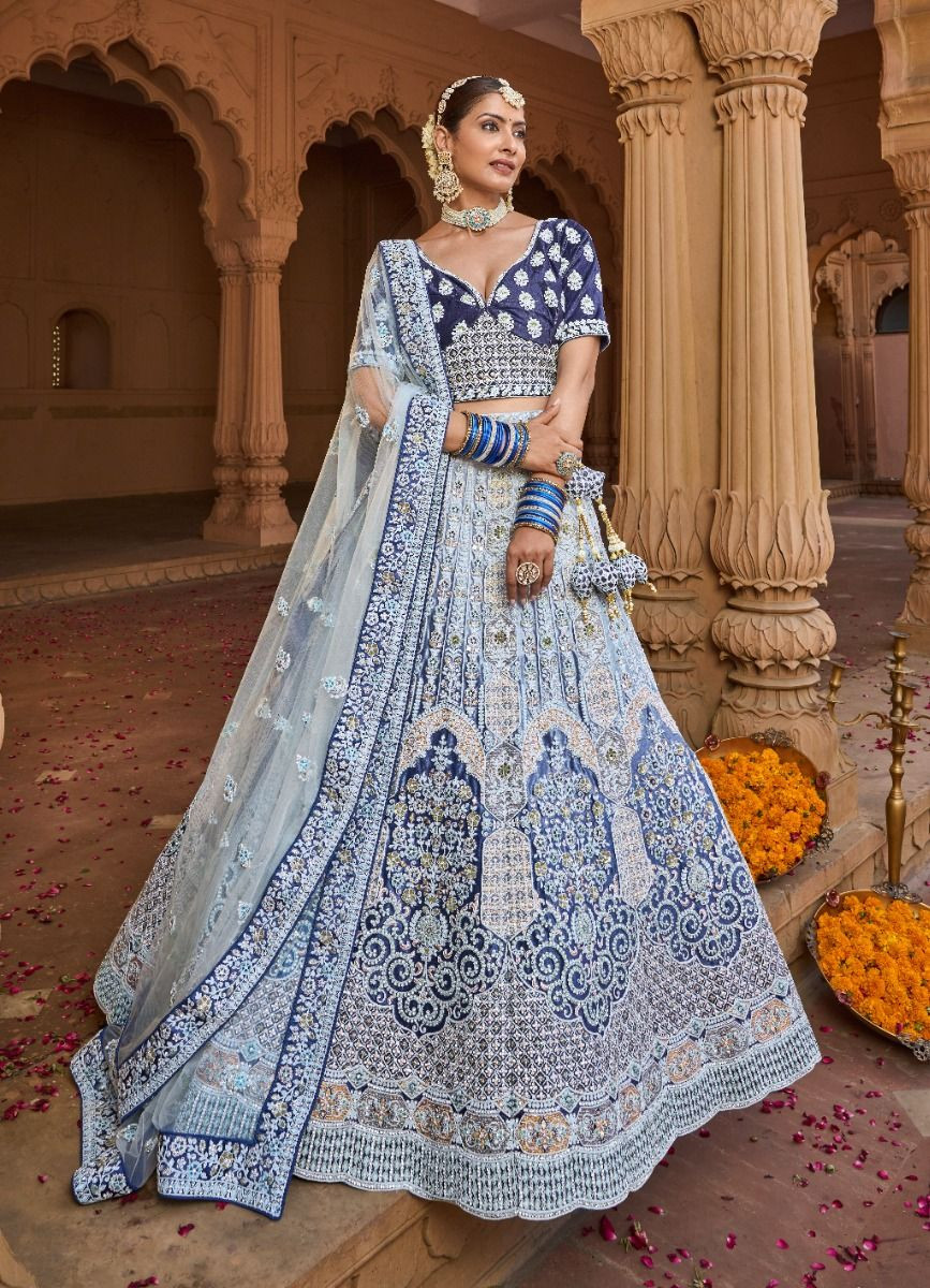 Buy Beautiful Navy Blue Heavily Embroidery Velvet Wedding Lehenga Choli  With Light Blue Dupatta from Designer Lehenga Choli
