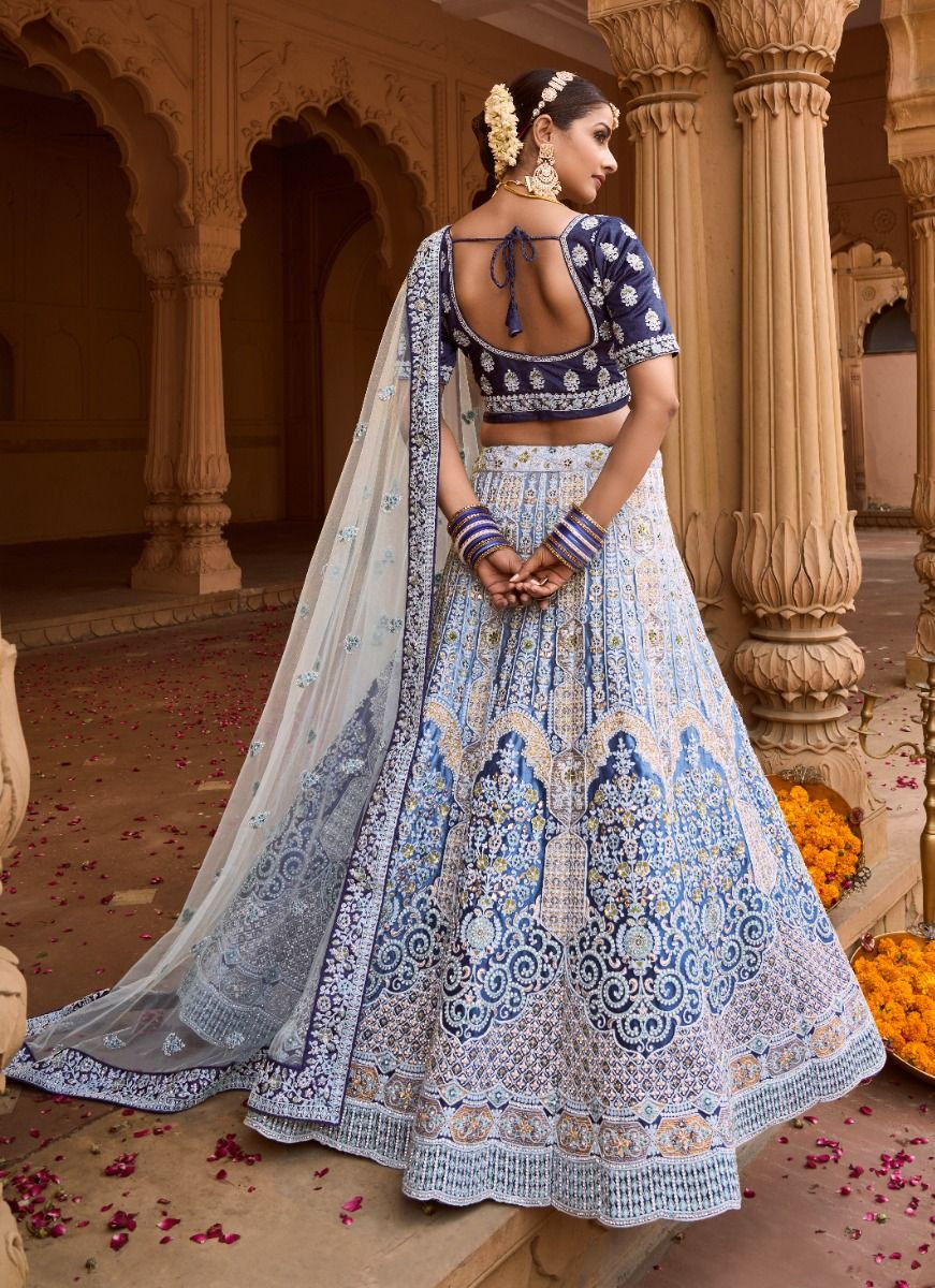 LIGHT BLUE COTTON THREAD EMBROIDERY HANDWORK WEDDING WEAR BRIDAL