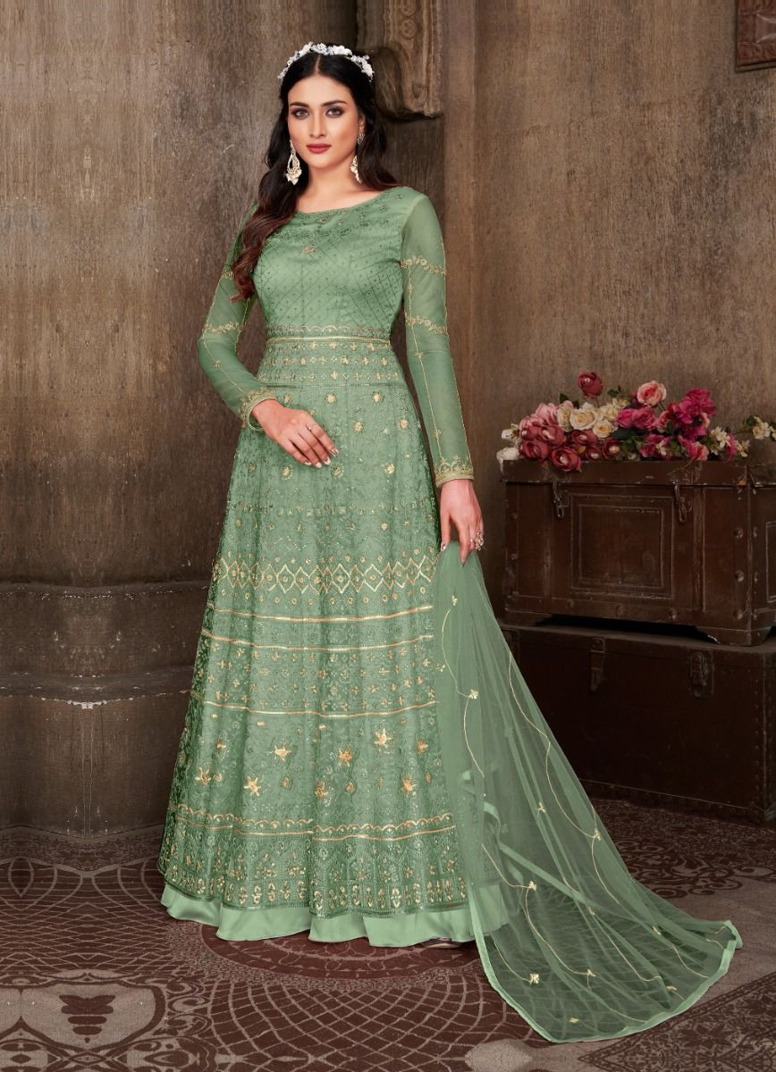 SAGE GREEN NET EMBROIDERED PARTY-WEAR FLOOR-LENGTH SALWAR KAMEEZ ...