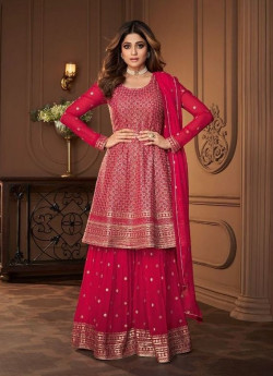 CRIMSON RED REAL GEORGETTE EMBROIDERED PARTY-WEAR PALAZZO-BOTTOM SALWAR KAMEEZ [SHAMITA SHETTY COLLECTION]
