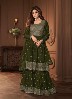 DARK OLIVE GREEN REAL GEORGETTE EMBROIDERED PARTY-WEAR PALAZZO-BOTTOM SALWAR KAMEEZ [SHAMITA SHETTY COLLECTION]