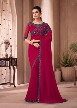 CRIMSON RED GEORGETTE EMBROIDERED PARTY-WEAR BOUTIQUE SAREE