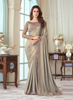 LIGHT SILVER GRAY SILK EMBROIDERED PARTY-WEAR BOUTIQUE SAREE