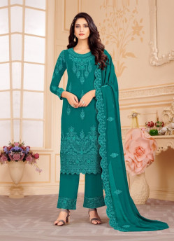 TEAL BLUE BLOOMING FAUX GEORGETTE EMBROIDERED PARTY-WEAR PANT-BOTTOM SALWAR KAMEEZ