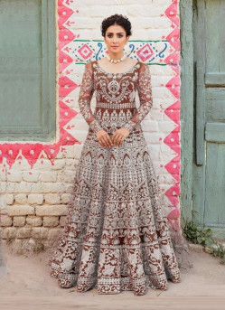BROWN NET EMBROIDERY & THREAD-WORK RAMADAN-SPECIAL GOWN WITH DUPATTA