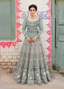 LIGHT BLUE NET EMBROIDERY & THREAD-WORK RAMADAN-SPECIAL GOWN WITH DUPATTA