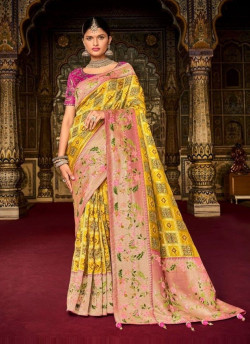 Yellow Pure Dola With Printed & Hand-Work Wedding-Wear Bridal Saree