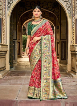 Red & Pink Pure Dola With Printed & Hand-Work Wedding-Wear Bridal Saree