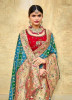 Green & Sky Blue Pure Dola With Printed & Hand-Work Wedding-Wear Bridal Saree