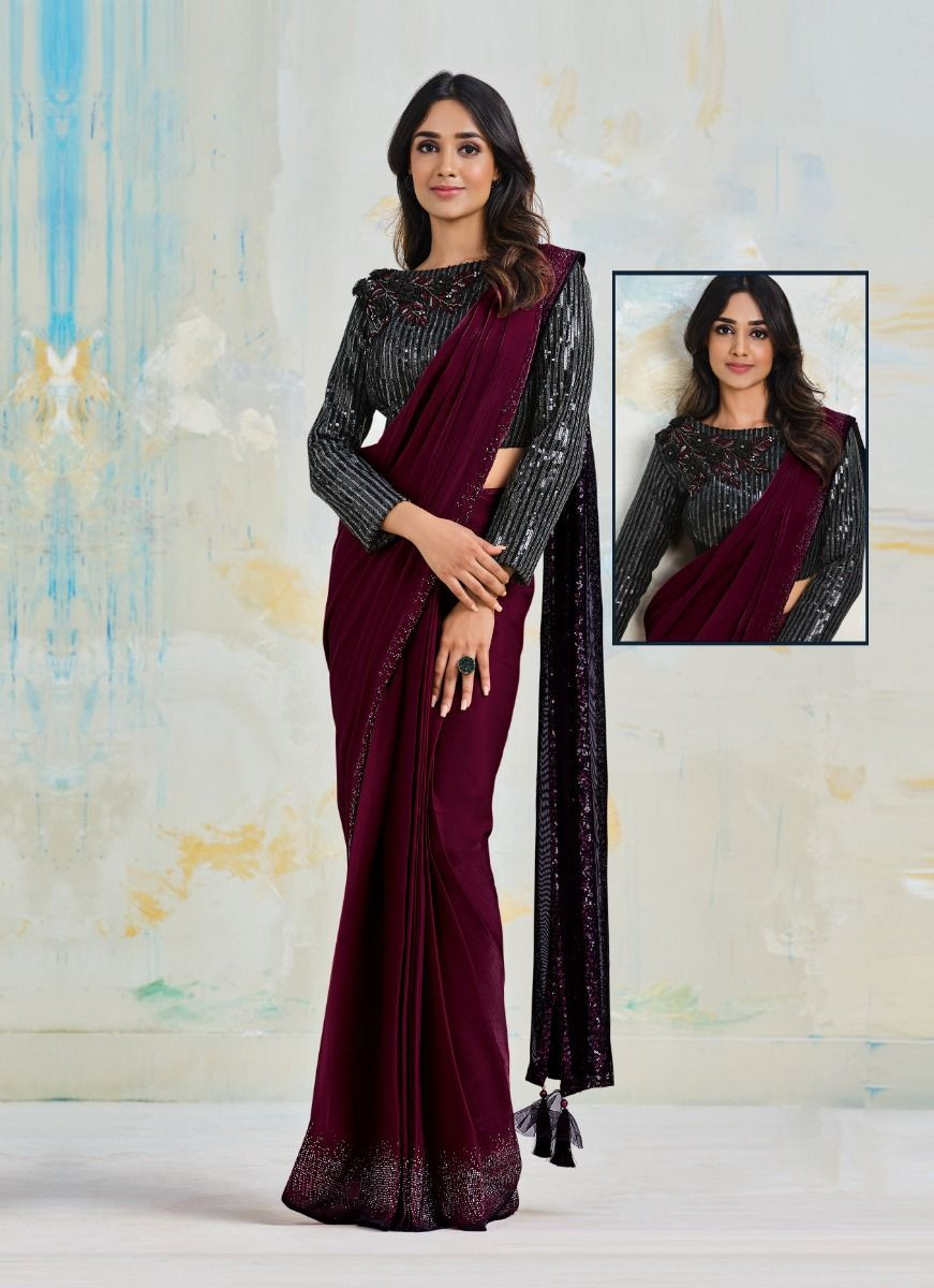 Women's Georgette Black Ruffle Frill Saree With Blouse Piece | eBay