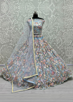Light Steel Blue Net & Cotton With Sequins, Embroidery & Thread-Work Wedding-Wear Bridal Lehenga Choli
