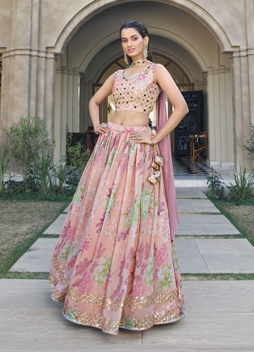 Stylish Pink Color Georgette With Umbrella Flair Party Wear Ruffle Lehenga