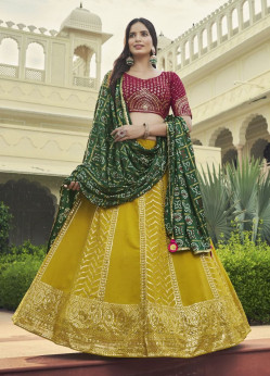 Dark Golden Georgette Embroidery & Sequins-Work Party-Wear Stylish Lehenga Choli [With Belt]