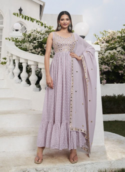 Light Lilac Georgette Thread, Embroidery, Sequins & Mirror-Work Party-Wear Palazzo-Bottom Readymade Salwar Kameez