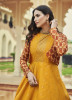 Mustard Yellow Cotton Printed & Embroidered Party-Wear Gown With Jacket