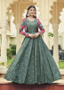 Sage Blue Cotton Printed & Embroidered Party-Wear Gown With Jacket