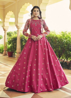 Dark Pink Cotton Printed & Embroidered Party-Wear Gown With Jacket