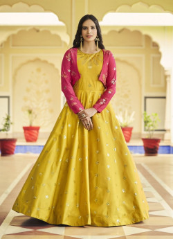Yellow Cotton Printed & Embroidered Party-Wear Gown With Jacket